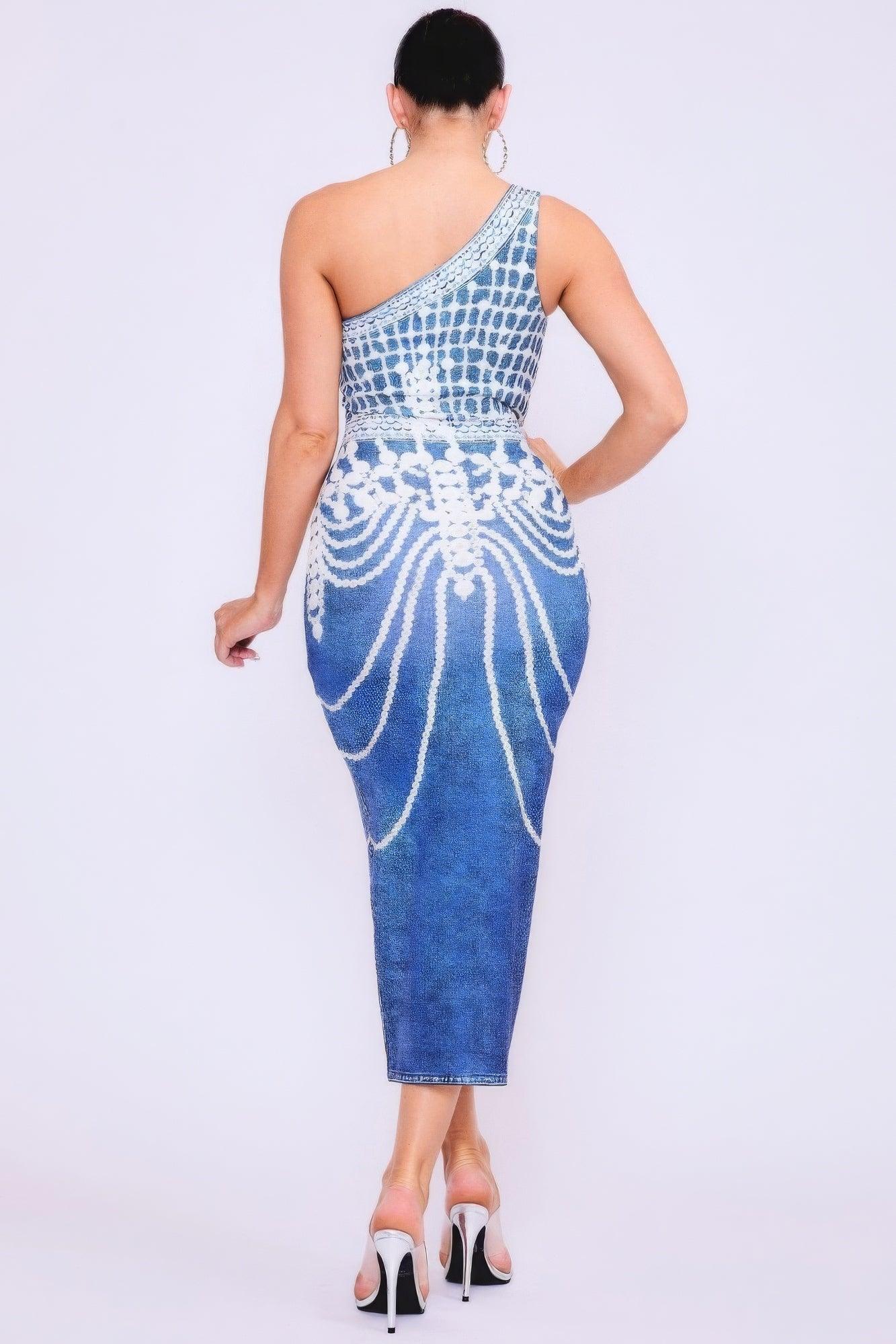 One Shoulder Denim Print Dress | Mixtshop LLC