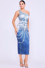 One Shoulder Denim Print Dress | Mixtshop LLC