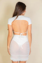 Ruched Ruffle Trim Mesh Mini Bodycon Skirt | Mixtshop LLC