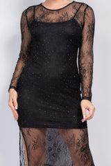 Lace Rhinestone-studded Slit Midi Dress | Mixtshop LLC