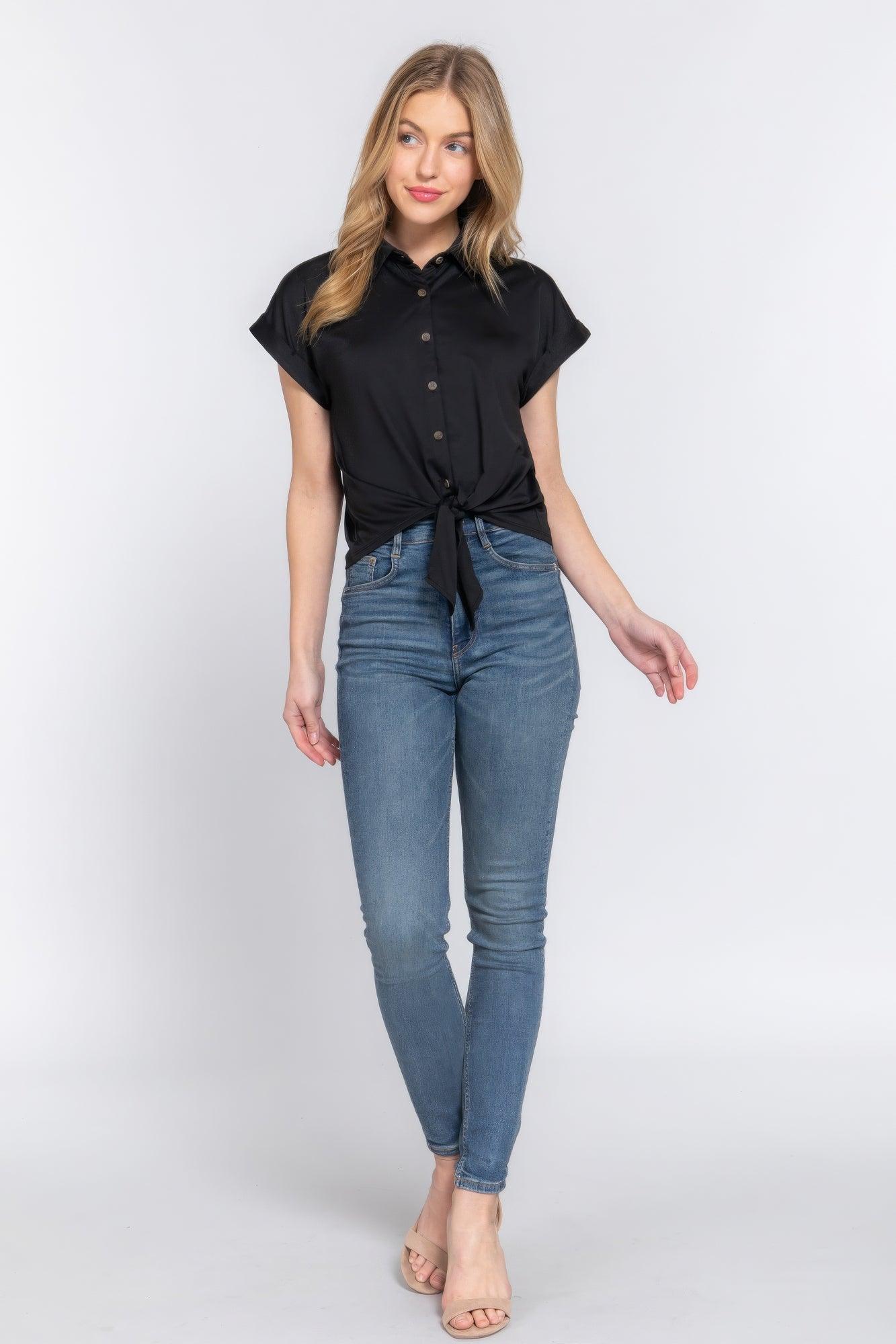 Short Slv Front Tie Stretch Ity Top | Mixtshop LLC