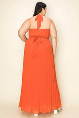 Chiffon Pleated Gold Trim Neck & Belt Cut Out Chest Maxi Dress | Mixtshop LLC