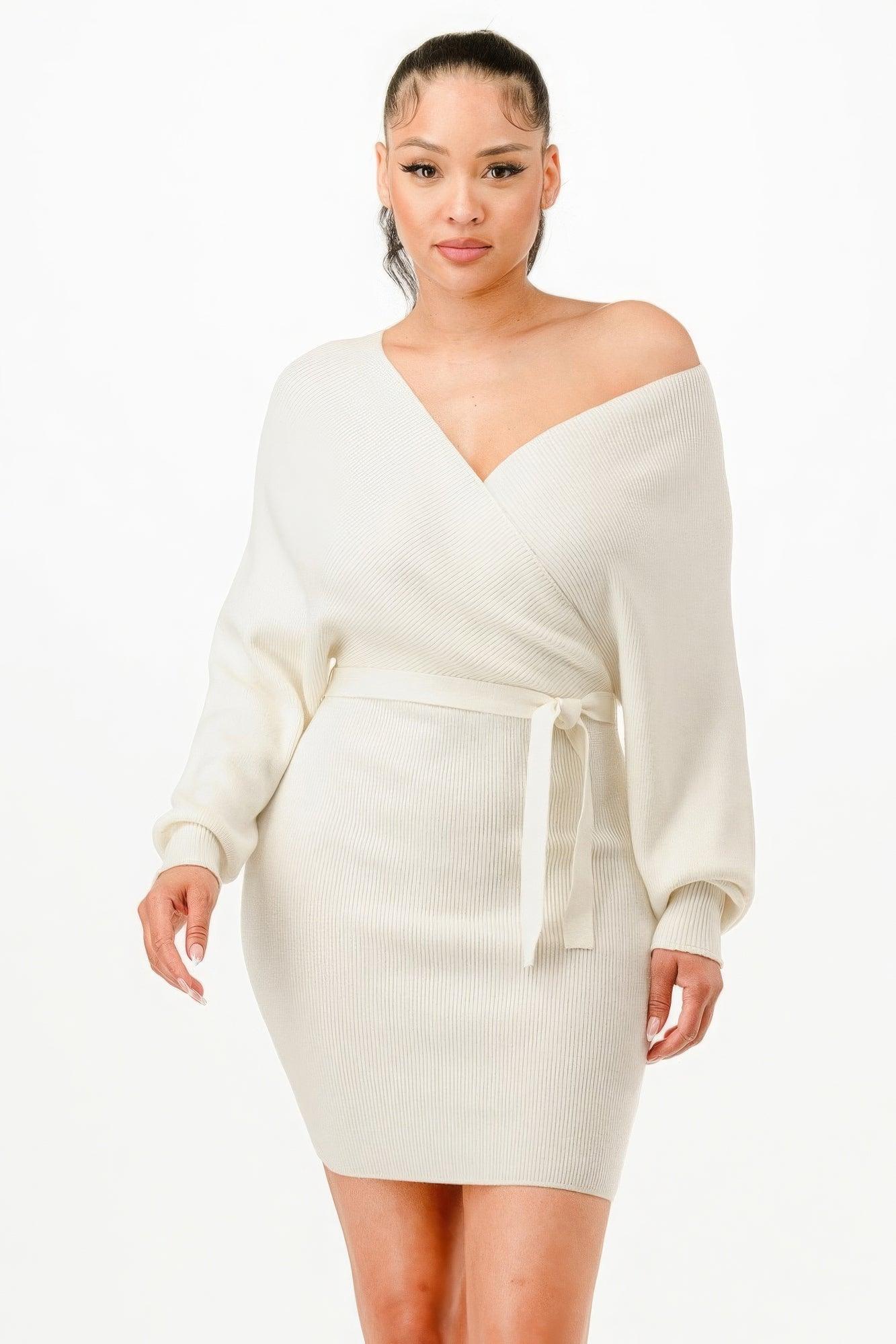 Off Shoulder Wrap Belted Ribbed Sweather Dress | Mixtshop LLC
