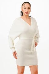 Off Shoulder Wrap Belted Ribbed Sweather Dress | Mixtshop LLC