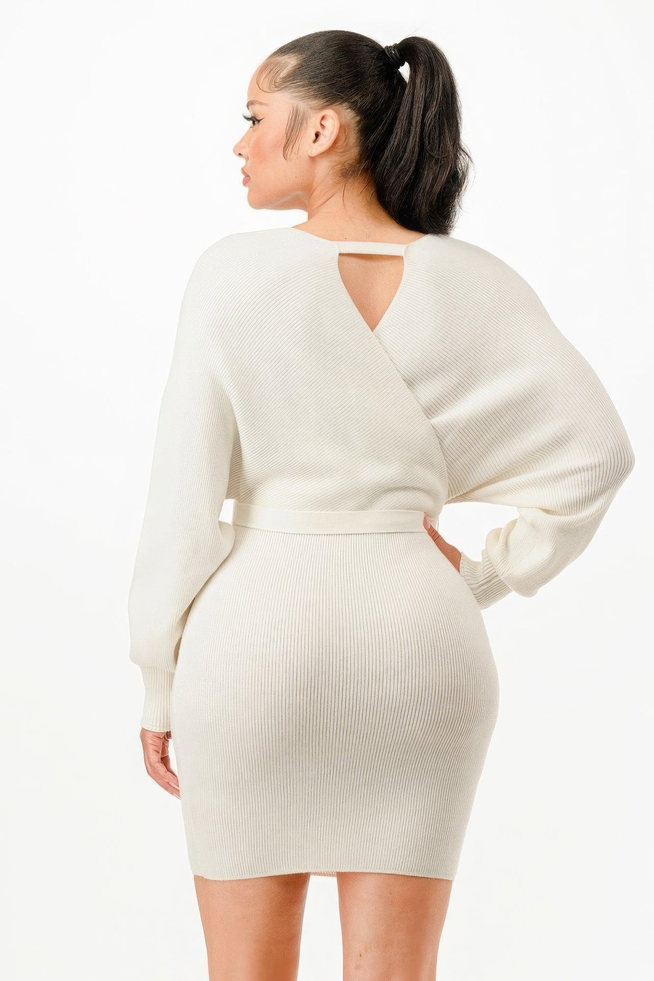 Off Shoulder Wrap Belted Ribbed Sweather Dress | Mixtshop LLC