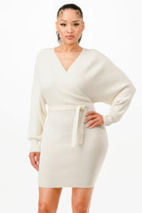 Off Shoulder Wrap Belted Ribbed Sweather Dress | Mixtshop LLC