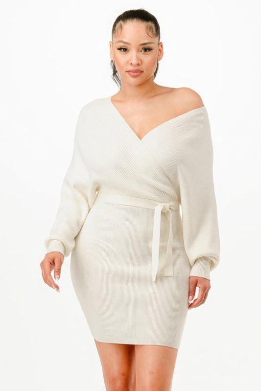 Off Shoulder Wrap Belted Ribbed Sweather Dress | Mixtshop LLC
