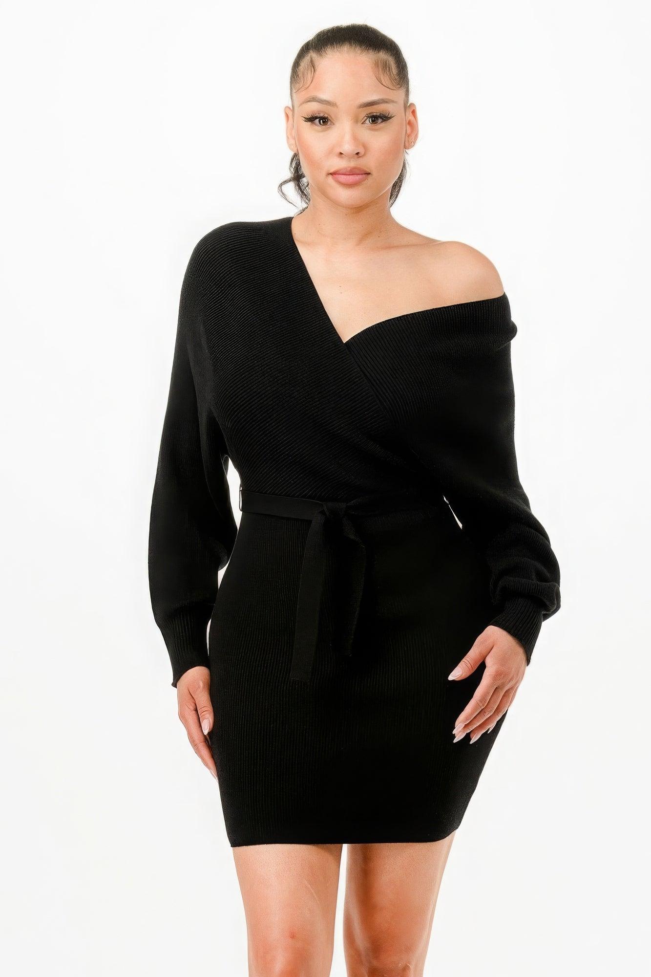 Off Shoulder Wrap Belted Ribbed Sweather Dress | Mixtshop LLC