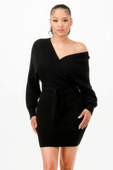 Off Shoulder Wrap Belted Ribbed Sweather Dress | Mixtshop LLC