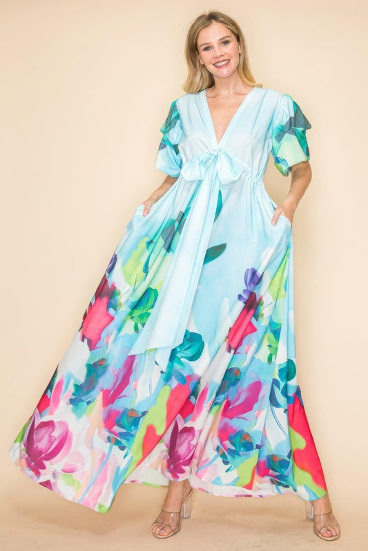 Printed V Neck Maxi Dress | Mixtshop LLC