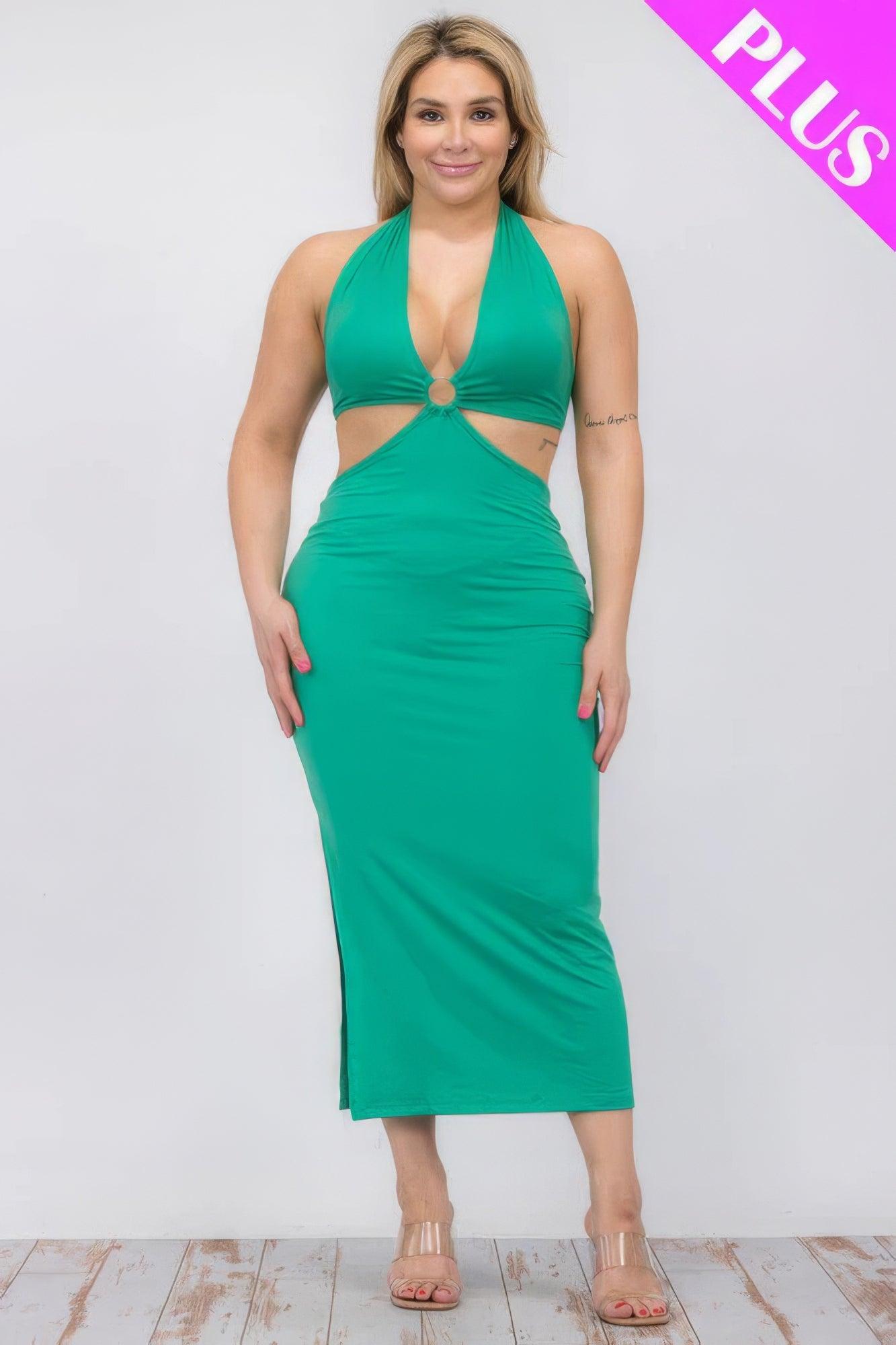 Plus Size Cut-out Halter Neck Double Back Tie Split Thigh Midi Dress | Mixtshop LLC
