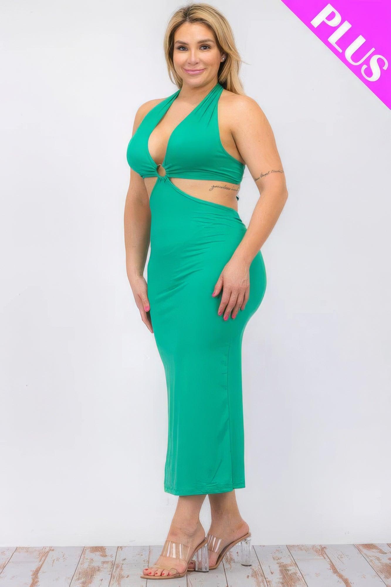 Plus Size Cut-out Halter Neck Double Back Tie Split Thigh Midi Dress | Mixtshop LLC