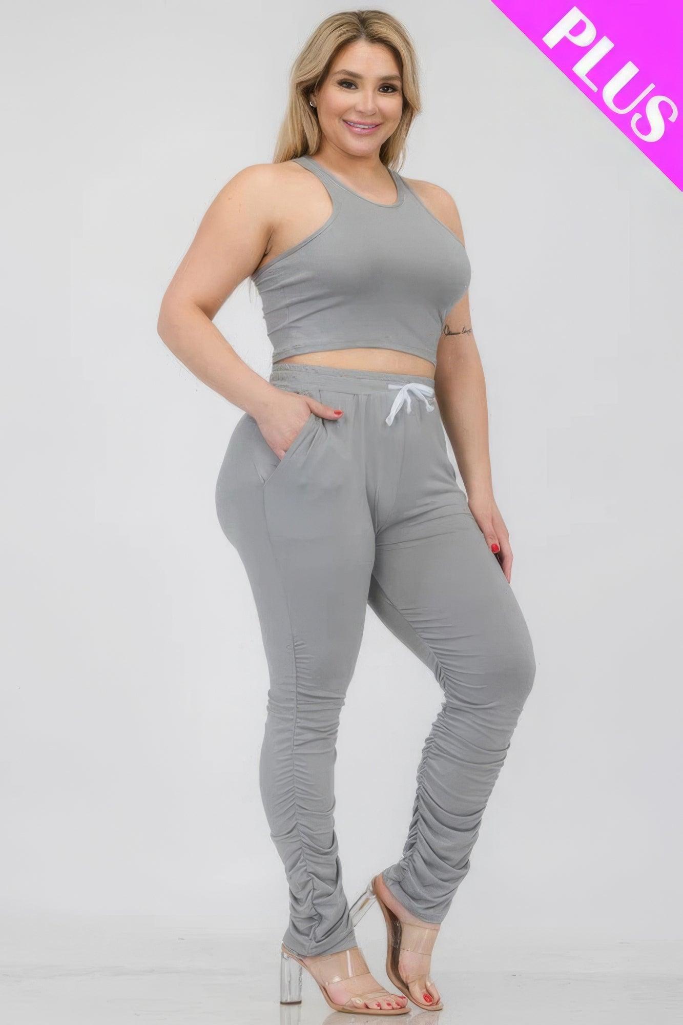 Plus Size Crop Tank Top & Ruched Pants Set | Mixtshop LLC