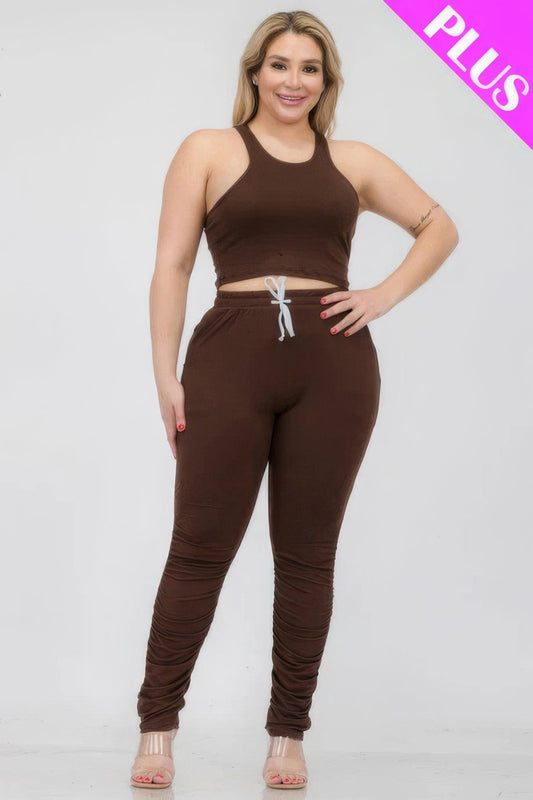 Plus Size Crop Tank Top & Ruched Pants Set | Mixtshop LLC