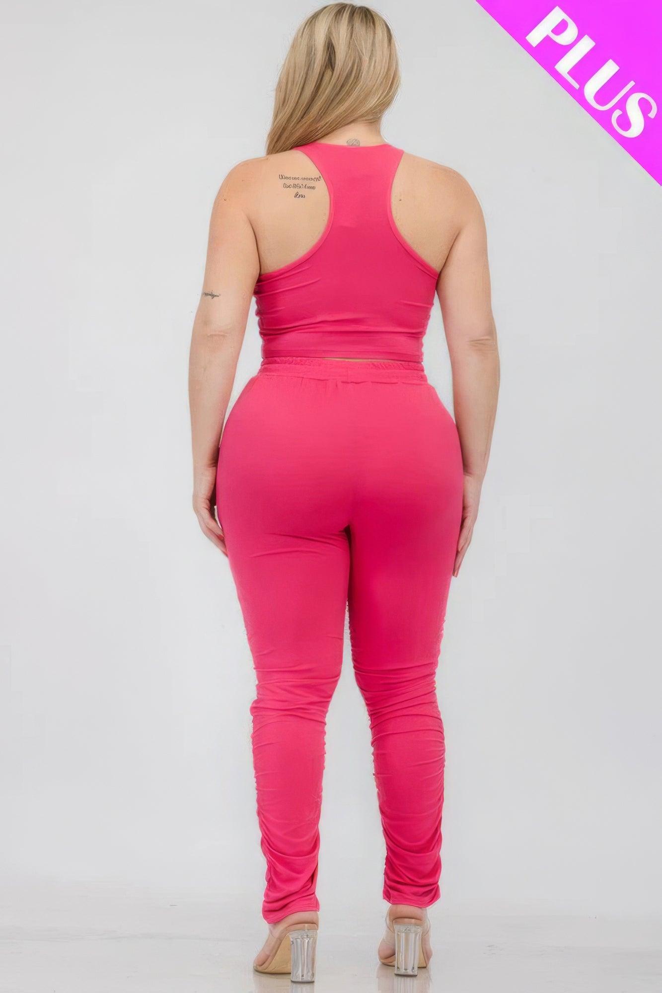 Plus Size Crop Tank Top & Ruched Pants Set | Mixtshop LLC