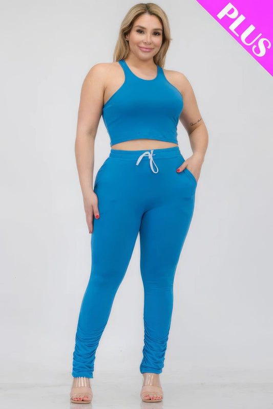 Plus Size Crop Tank Top & Ruched Pants Set | Mixtshop LLC