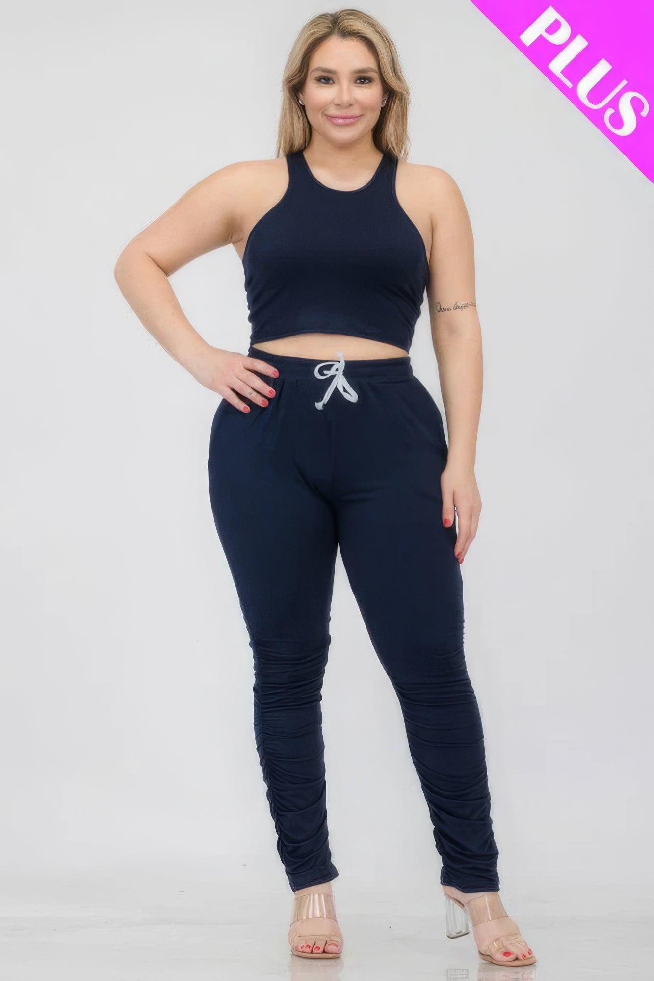 Plus Size Crop Tank Top & Ruched Pants Set | Mixtshop LLC