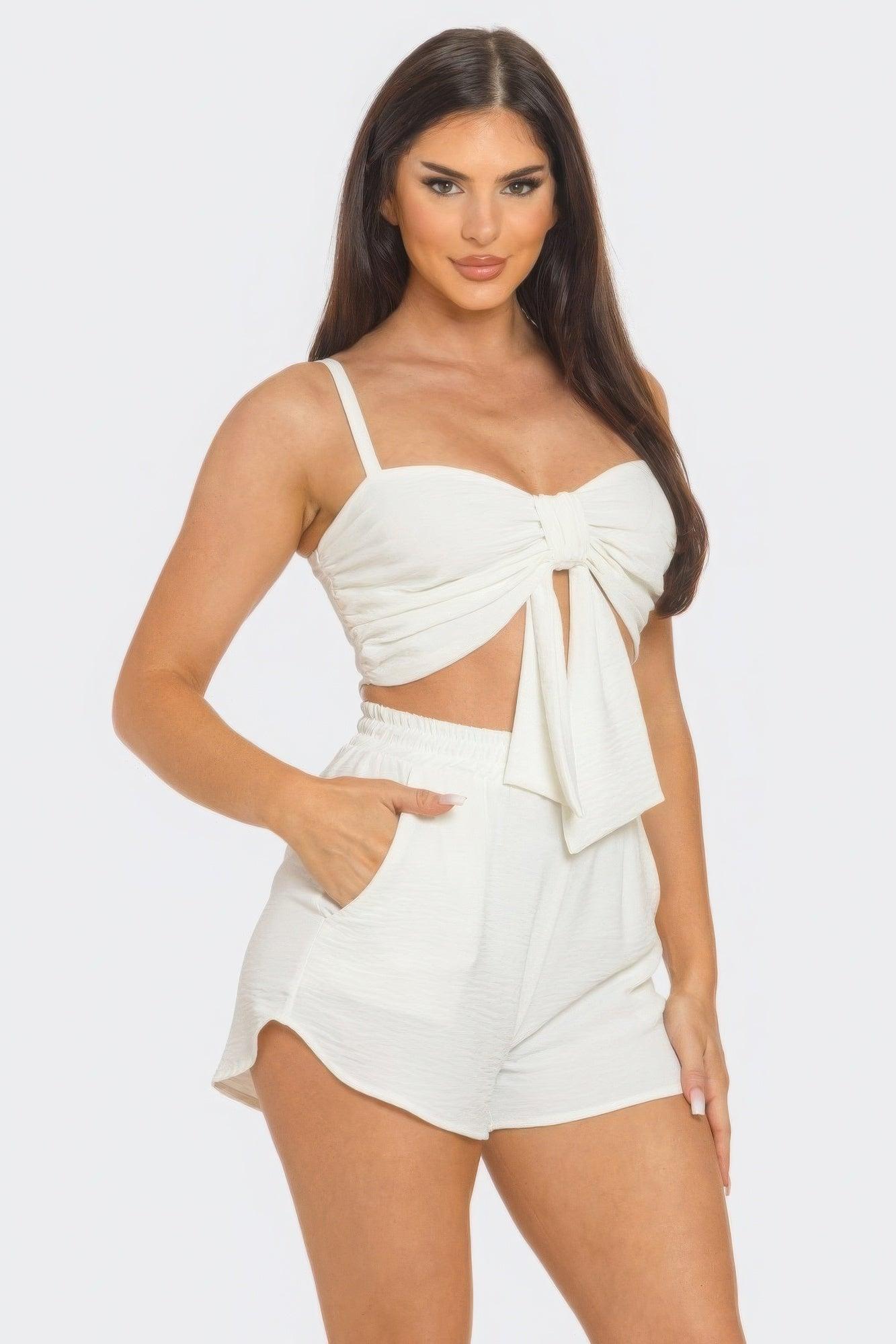 Front Oversized Bow Twisted Tie Top And Shorts Set | Mixtshop LLC