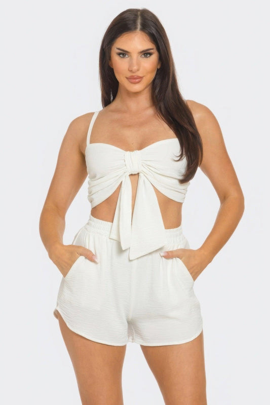 Front Oversized Bow Twisted Tie Top And Shorts Set | Mixtshop LLC