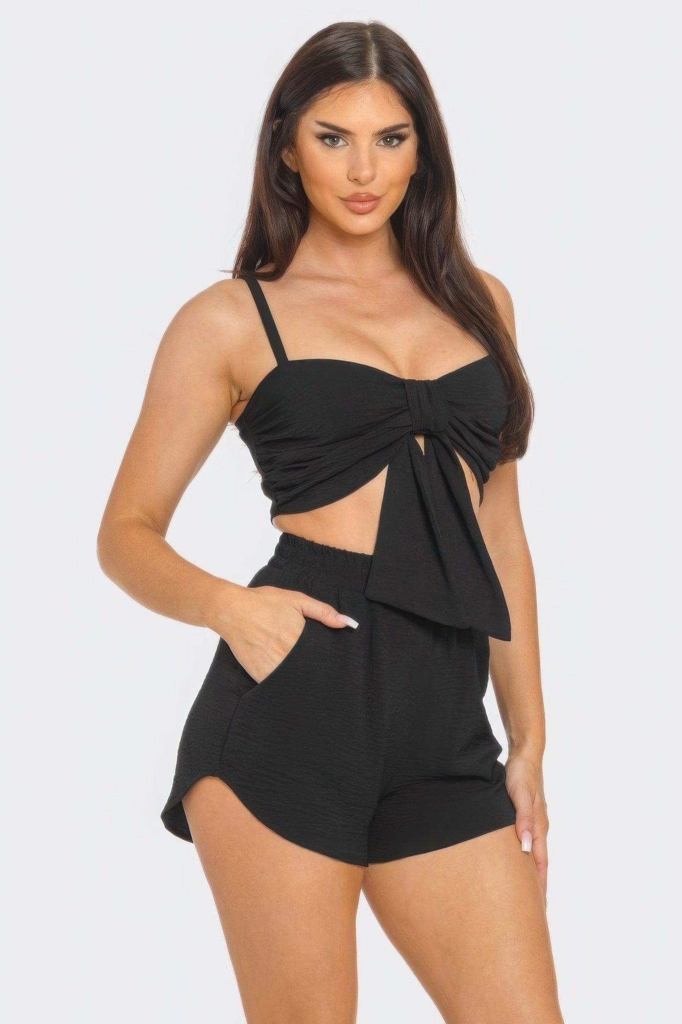 Front Oversized Bow Twisted Tie Top And Shorts Set | Mixtshop LLC
