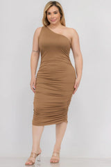 Plus Size Sexy Solid Color Ruched One Shoulder Midi Bodycon Dress | Mixtshop LLC
