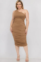 Plus Size Sexy Solid Color Ruched One Shoulder Midi Bodycon Dress | Mixtshop LLC