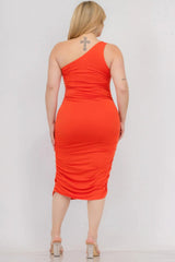 Plus Size Sexy Solid Color Ruched One Shoulder Midi Bodycon Dress | Mixtshop LLC