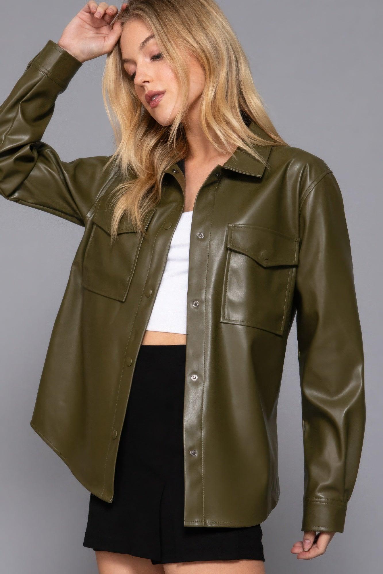 Long Slv Faux Leather Shacket | Mixtshop LLC