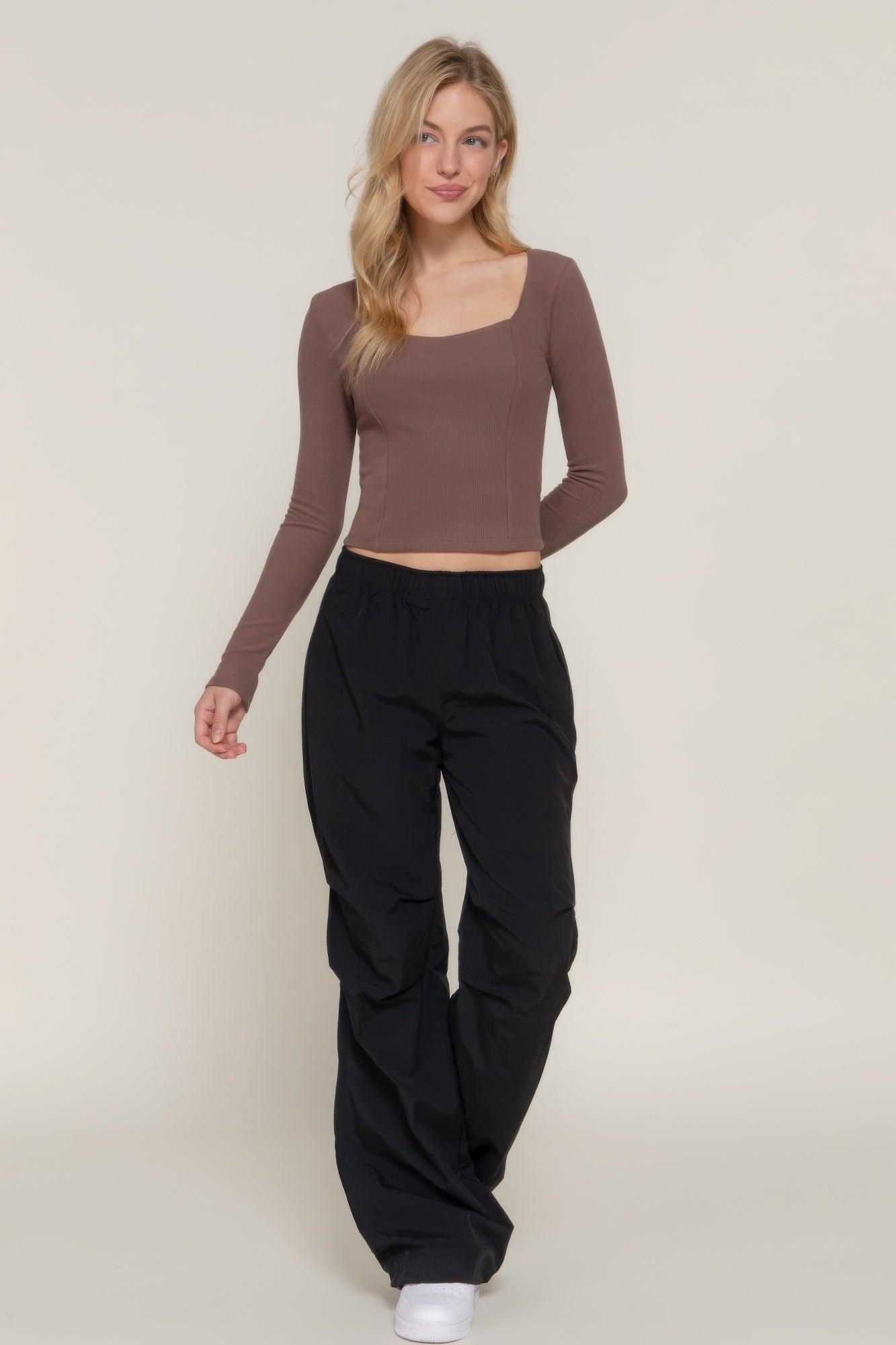 Long slv sweetheart neck seam detail knit top | Mixtshop LLC