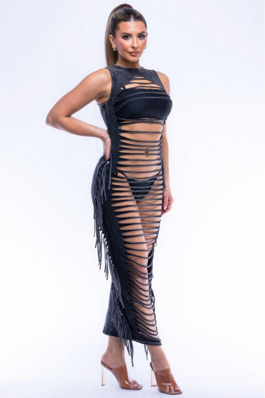 Fringe Cut Out Maxi Dress | Mixtshop LLC