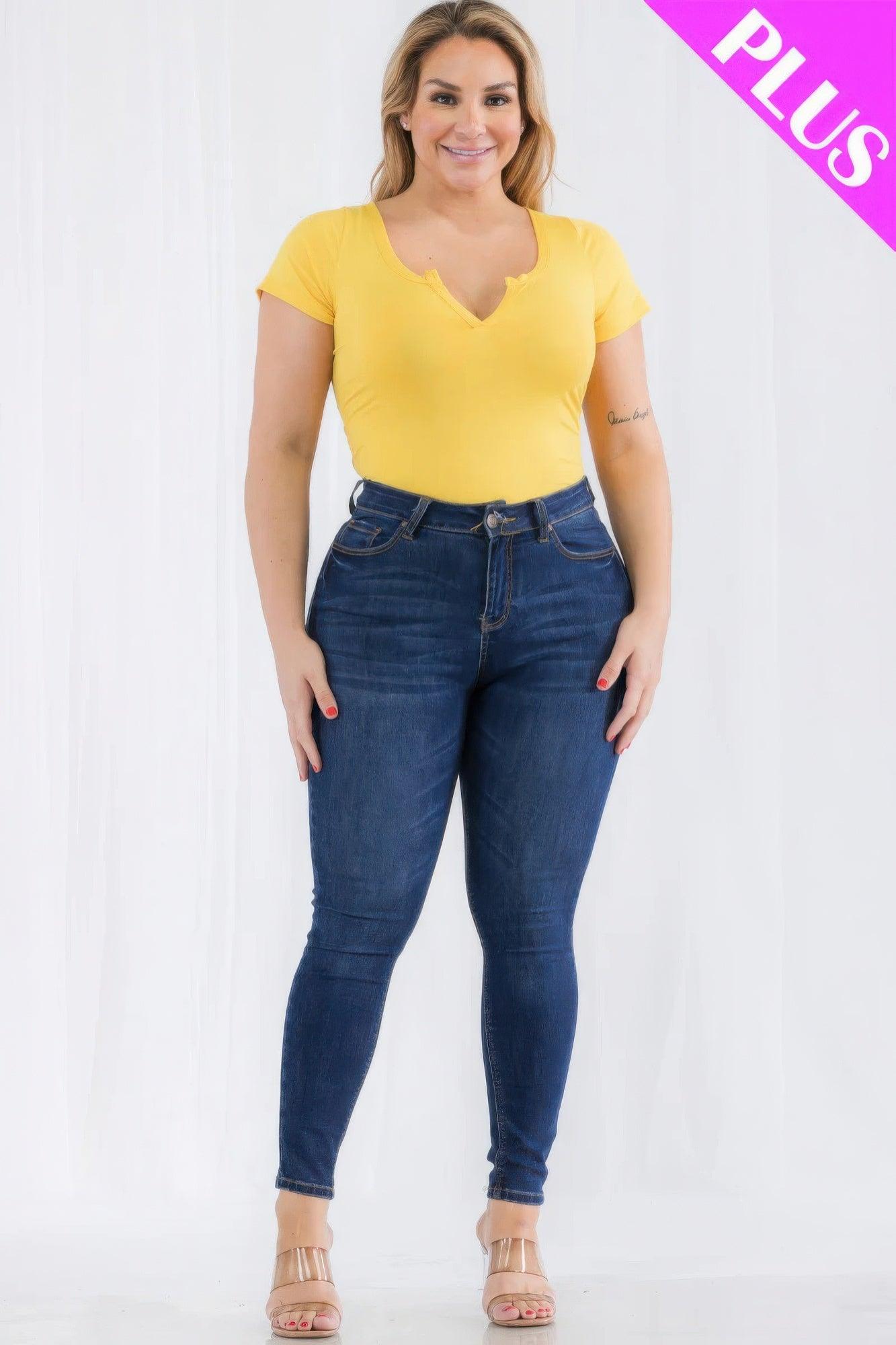 Plus Size Casual Split Neck Solid Short Sleeve Bodysuit | Mixtshop LLC