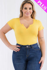 Plus Size Casual Split Neck Solid Short Sleeve Bodysuit | Mixtshop LLC