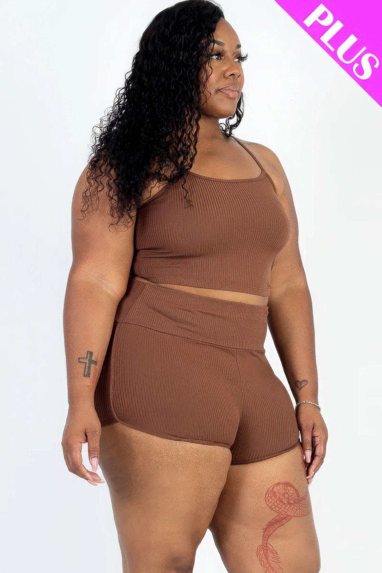 Plus Size Ribbed Cami Crop Top & Ruched Shorts Set | Mixtshop LLC