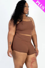 Plus Size Ribbed Cami Crop Top & Ruched Shorts Set | Mixtshop LLC