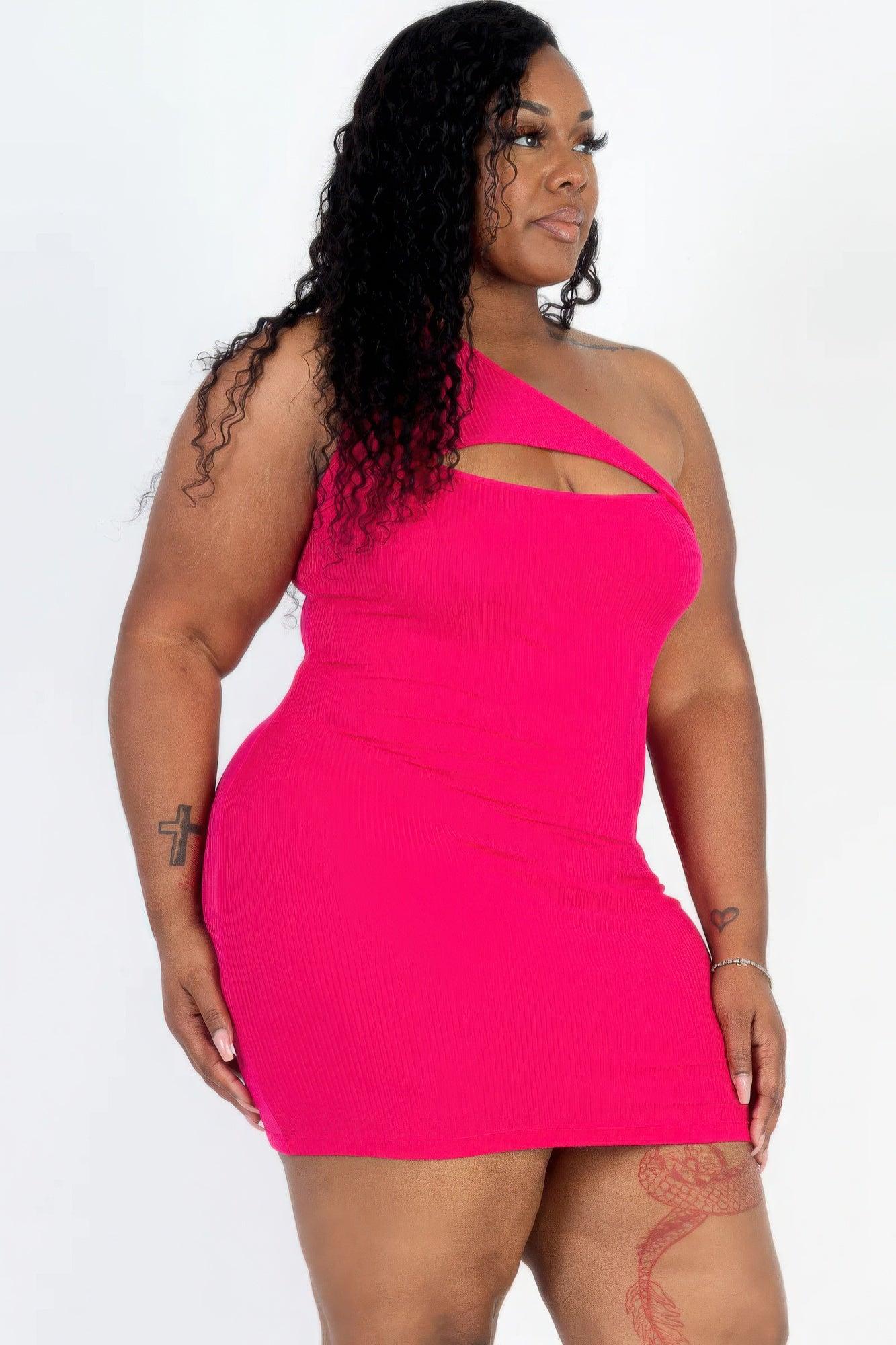 Plus Size Ribbed One Shoulder Cutout Front Casual Mini Bodycon Dress | Mixtshop LLC