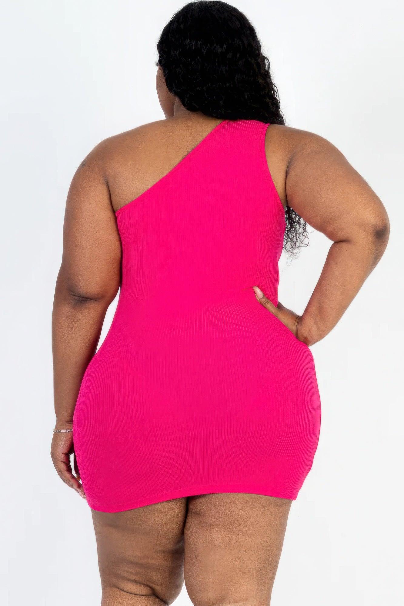 Plus Size Ribbed One Shoulder Cutout Front Casual Mini Bodycon Dress | Mixtshop LLC