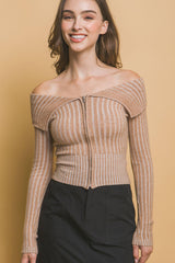 Ribbed bardot zip up long sleeve | Mixtshop LLC