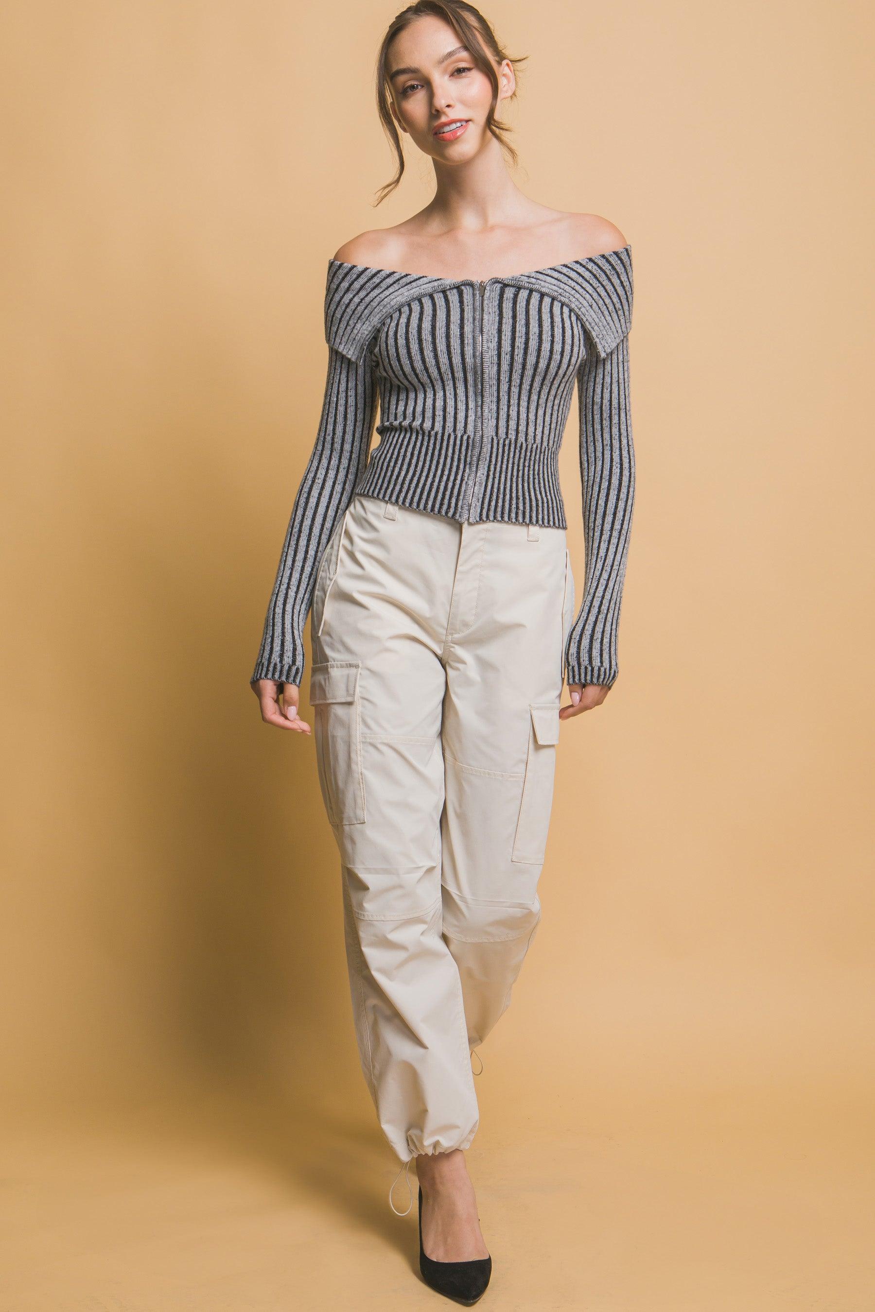 Ribbed bardot zip up long sleeve | Mixtshop LLC