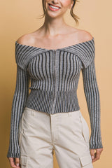 Ribbed bardot zip up long sleeve | Mixtshop LLC