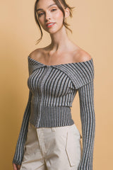 Ribbed bardot zip up long sleeve | Mixtshop LLC