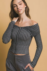 Ribbed bardot zip up long sleeve | Mixtshop LLC