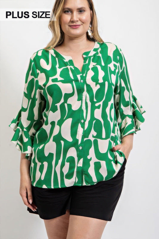 Geometric print ruffled bell sleeve woven top | Mixtshop LLC