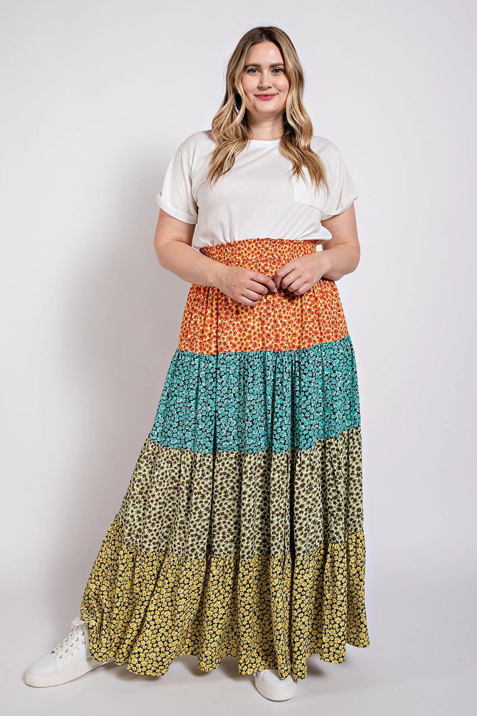 Ditsy floral color block skirt with front slit | Mixtshop LLC