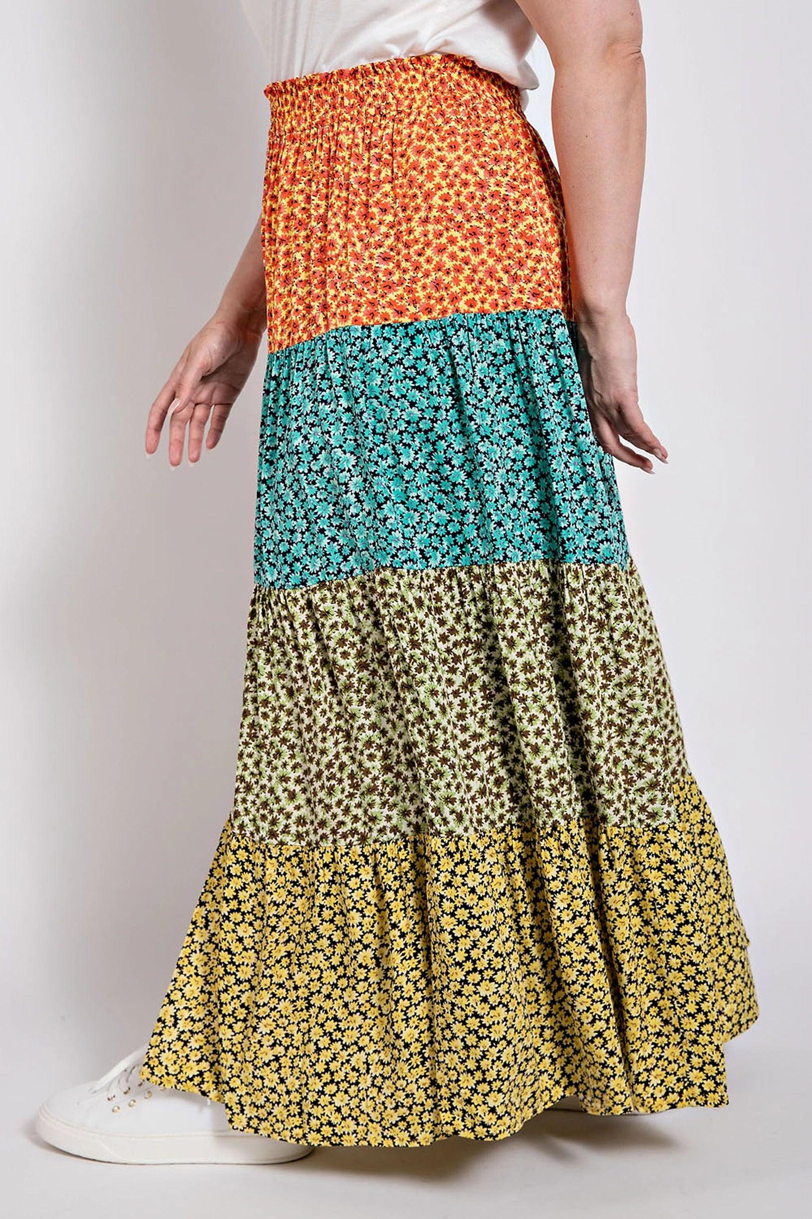 Ditsy floral color block skirt with front slit | Mixtshop LLC