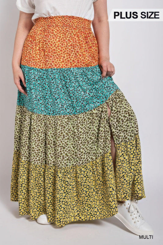 Ditsy floral color block skirt with front slit | Mixtshop LLC
