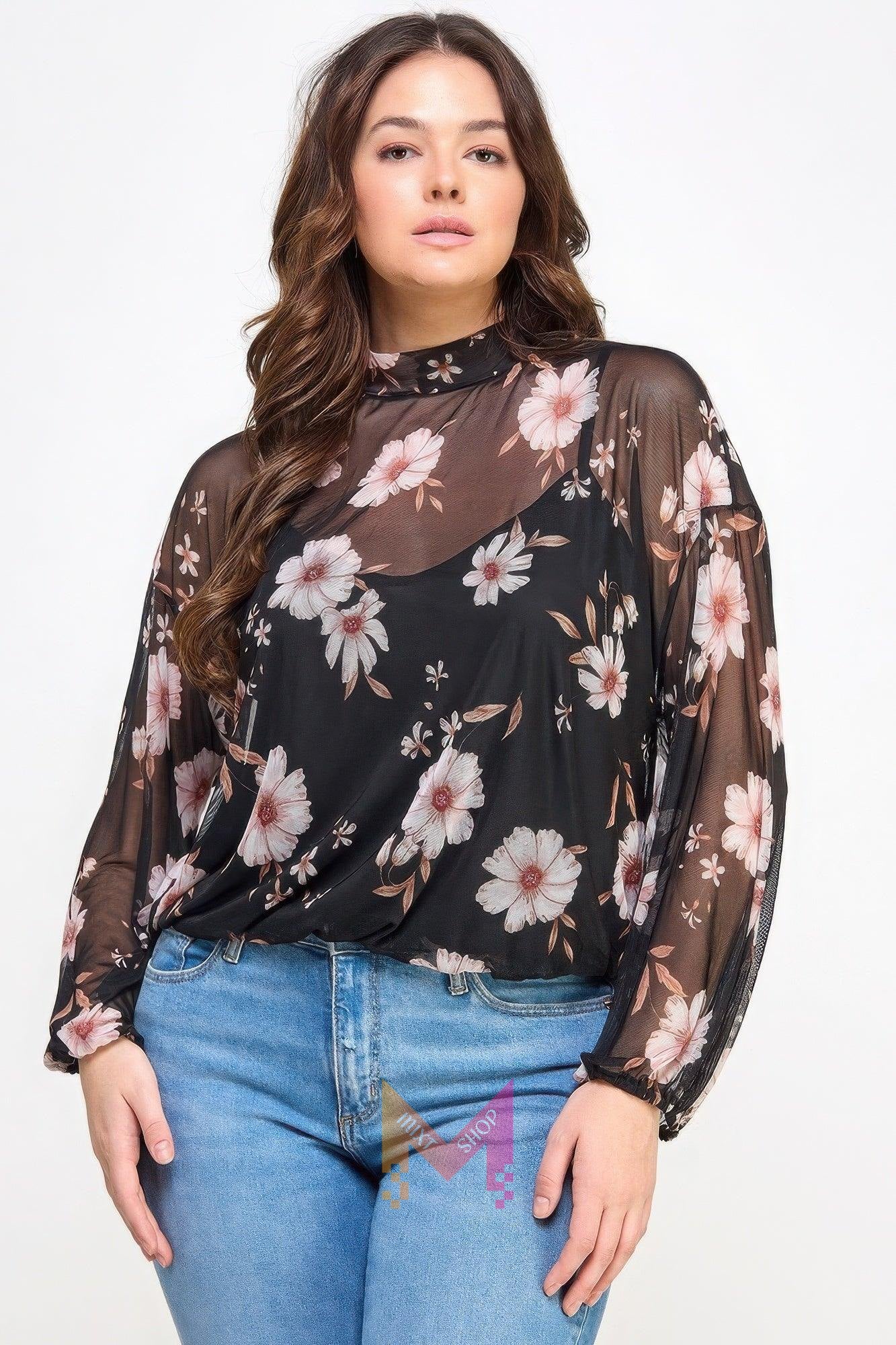 Mesh Floral Ls Top W/cami | Mixtshop LLC