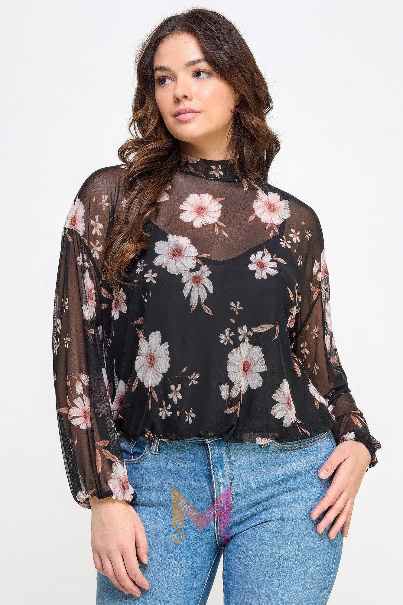 Mesh Floral Ls Top W/cami | Mixtshop LLC