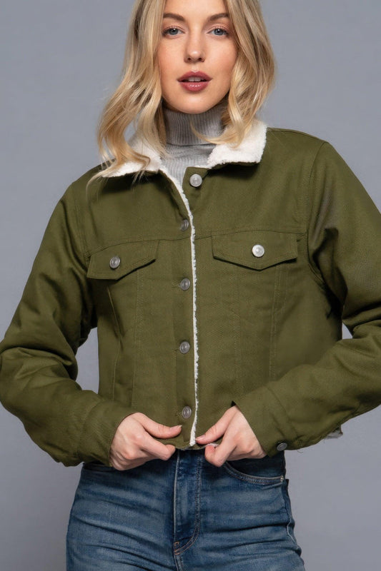 Button Closure Sherpa-lined Twill Jacket | Mixtshop LLC