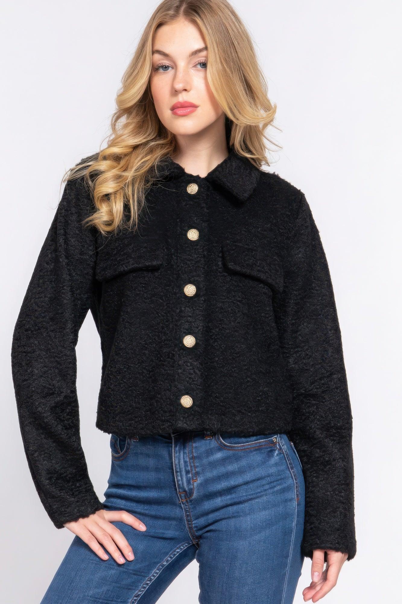 Long Slv Teddy Fleece Short Jacket | Mixtshop LLC