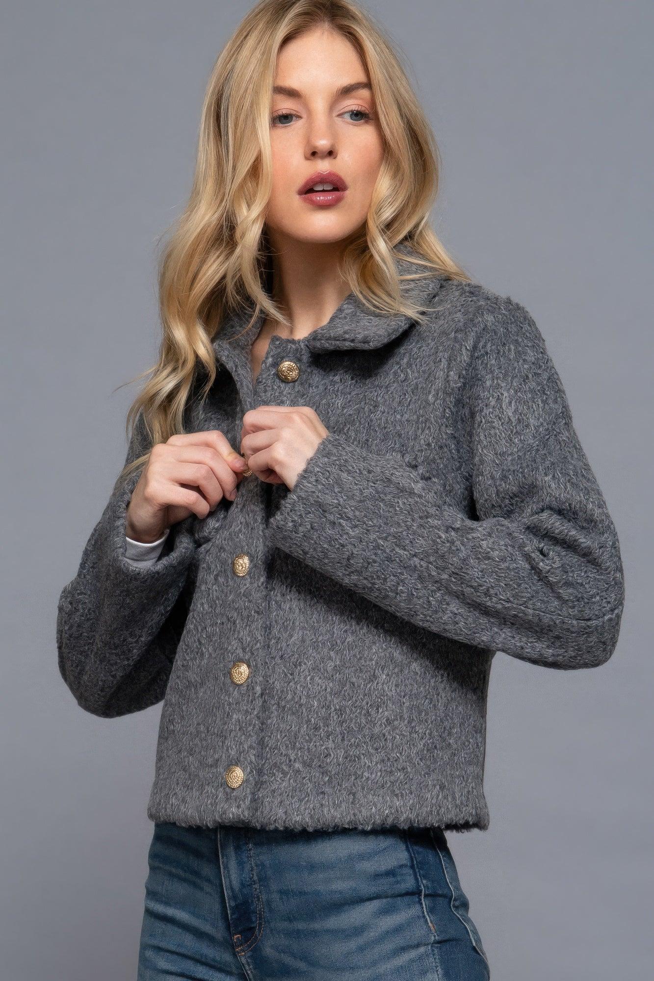 Long Slv Teddy Fleece Short Jacket | Mixtshop LLC